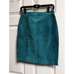 306-012 Vintage 80s Global Identity‎ Green Suede Leather Mini Skirt 9/10 26x20"